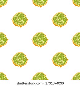 Illustration zum Thema große farbige nahtlose Kiwano, helle Fruchtmuster für Siegel. Fruchtmuster bestehend aus einem schönen, nahtlosen, wiederholten Kiwano. Einfache, farbenfrohe Musterfrucht aus nahtlos weichem Kiwano.
