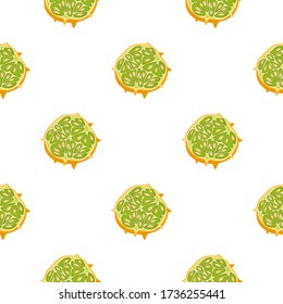 Ilustración sobre el tema kiwano sin costuras de color grande, patrón de fruta brillante para foca. Patrón de fruta consistente en un hermoso kiwano repitido sin costura. Frutos de patrón simple y colorido de kiwano suave sin costura.