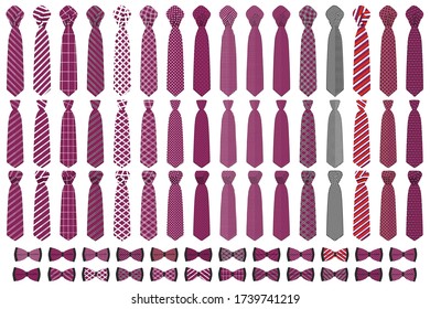 Illustration on theme big colored set neckties different types, bow tie various size. Necktie consisting of collection textile garments bow tie for beauty. Bow tie is accessory brutal man in necktie.