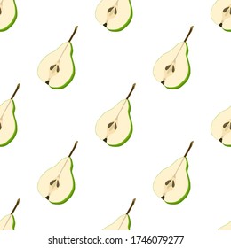 Ilustración sobre el tema de la pera sin soldadura de color grande, patrón de fruta brillante para la foca. Patrón de fruta consistente en una hermosa pera repetida sin costura. Frutos simples de patrón colorido a partir de pera sin soldadura.