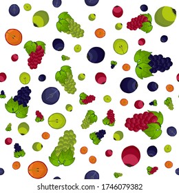 Ilustración sobre el tema de la uva sin costura de color grande, patrón de baya brillante para foca. Patrón de cerezo consistente en una hermosa uva repetida sin costura. Berry de patrón simple y colorido a partir de uva suave sin fisuras.