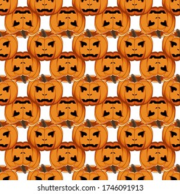 Ilustración sobre el tema de gran colorido patrón Halloween, calabaza naranja sin costura. Patrón sin foco consistente en calabaza de colección, accesorio en Halloween. Raras pautas de Halloween de calabaza sin soldadura.