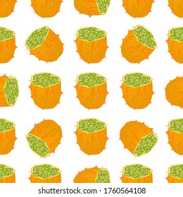 Illustration on theme big colored seamless kiwano, bright fruit pattern for seal. Fruit pattern consisting of beautiful seamless repeat kiwano. Simple colorful pattern fruit from seamless soft kiwano.