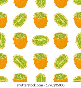 Illustration on theme big colored seamless kiwano, bright fruit pattern for seal. Fruit pattern consisting of beautiful seamless repeat kiwano. Simple colorful pattern fruit from seamless soft kiwano.