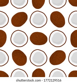 Ilustración sobre el tema de coco sin soldadura de color grande, patrón de fruta brillante para foca. Patrón de fruta consistente en un coco de repetición sin costura. Sencillo patrón colorido fruta sin soldadura coco suave.