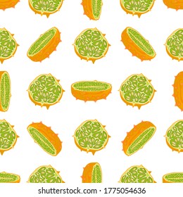 Ilustración sobre el tema kiwano sin costuras de color grande, patrón de fruta brillante para foca. Patrón de fruta consistente en un hermoso kiwano repitido sin costura. Frutos de patrón simple y colorido de kiwano suave sin costura.