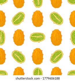 Ilustración sobre el tema kiwano sin costuras de color grande, patrón de fruta brillante para foca. Patrón de fruta consistente en un hermoso kiwano repitido sin costura. Frutos de patrón simple y colorido de kiwano suave sin costura.