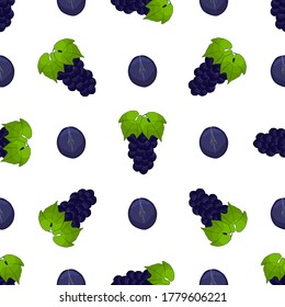 Ilustración sobre el tema de la uva sin costura de color grande, patrón de baya brillante para foca. Patrón de cerezo consistente en una hermosa uva repetida sin costura. Berry de patrón simple y colorido a partir de uva suave sin fisuras.