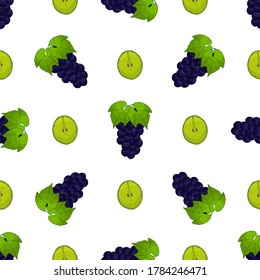 Ilustración sobre el tema de la uva sin costura de color grande, patrón de baya brillante para foca. Patrón de cerezo consistente en una hermosa uva repetida sin costura. Berry de patrón simple y colorido a partir de uva suave sin fisuras.