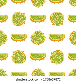 Illustration on theme big colored seamless kiwano, bright fruit pattern for seal. Fruit pattern consisting of beautiful seamless repeat kiwano. Simple colorful pattern fruit from seamless soft kiwano.