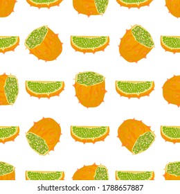 Illustration on theme big colored seamless kiwano, bright fruit pattern for seal. Fruit pattern consisting of beautiful seamless repeat kiwano. Simple colorful pattern fruit from seamless soft kiwano.