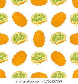 Illustration on theme big colored seamless kiwano, bright fruit pattern for seal. Fruit pattern consisting of beautiful seamless repeat kiwano. Simple colorful pattern fruit from seamless soft kiwano.