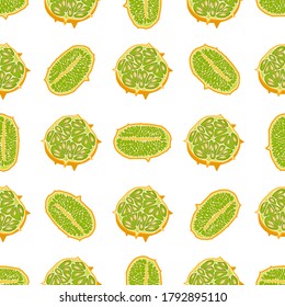 Illustration on theme big colored seamless kiwano, bright fruit pattern for seal. Fruit pattern consisting of beautiful seamless repeat kiwano. Simple colorful pattern fruit from seamless soft kiwano.