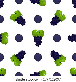 Ilustración sobre el tema de la uva sin costura de color grande, patrón de baya brillante para foca. Patrón de cerezo consistente en una hermosa uva repetida sin costura. Berry de patrón simple y colorido a partir de uva suave sin fisuras.