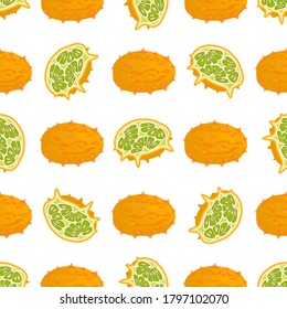 Illustration on theme big colored seamless kiwano, bright fruit pattern for seal. Fruit pattern consisting of beautiful seamless repeat kiwano. Simple colorful pattern fruit from seamless soft kiwano.
