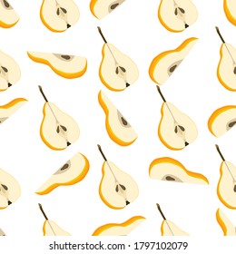 Illustration zum Thema große farbige nahtlose Birne, helle Fruchtmuster für den Siegel. Fruchtmuster, bestehend aus einer schönen nahtlosen Wiederholbirne. Einfache, farbige Musterfrucht aus nahtloser Birne.