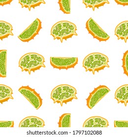 Ilustración sobre el tema kiwano sin costuras de color grande, patrón de fruta brillante para foca. Patrón de fruta consistente en un hermoso kiwano repitido sin costura. Frutos de patrón simple y colorido de kiwano suave sin costura.