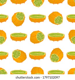 Ilustración sobre el tema kiwano sin costuras de color grande, patrón de fruta brillante para foca. Patrón de fruta consistente en un hermoso kiwano repitido sin costura. Frutos de patrón simple y colorido de kiwano suave sin costura.