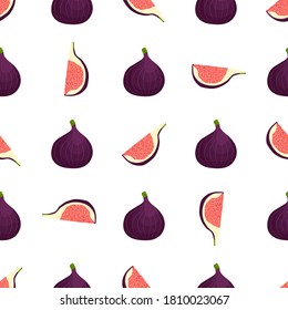 Illustration zum Thema große farbige, nahtlose violette Feige, helle Fruchtmuster . Fruchtmuster, bestehend aus einer schönen, nahtlosen Wiederholung von Feigen, einfache, farbenfrohe Muster Früchte aus nahtlosen violetten Feigen.