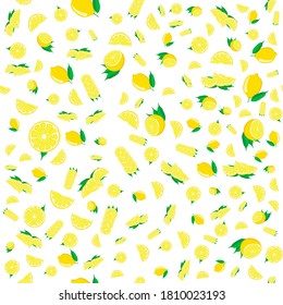 Illustration zum Thema große farbige, nahtlose gelbe Zitrone, helle Fruchtmuster. Fruchtmuster, bestehend aus schöner nahtloser Zitrone. Einfache, bunte Musterfrucht aus nahtloser Zitrone.