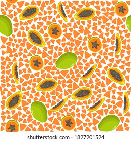 Ilustración sobre el tema de la papaya sin soldadura de color grande, patrón de fruta brillante para la foca. Patrón de fruta consistente en una hermosa papaya repetida sin costura. Frutos simples de patrón colorido de papaya sin soldadura.