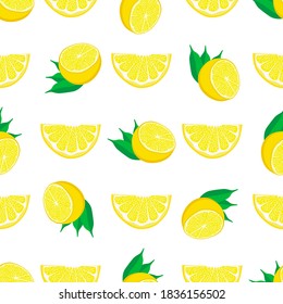 Illustration zum Thema große farbige, nahtlose gelbe Zitrone, helle Fruchtmuster für Robbe. Fruchtmuster, bestehend aus schöner nahtloser Zitrone. Einfache, bunte Musterfrucht aus nahtloser Zitrone.