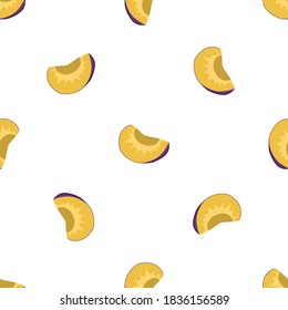 Ilustración sobre el tema de ciruela morada de color grande, patrón de fruta brillante para foca. Patrón de fruta consistente en ciruela de repetición sin costura. Frutos simples de patrón colorido a partir de ciruela sin soldadura.