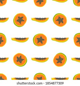 Illustration zum Thema große farbige, nahtlose Papaya, helle Fruchtmuster für den Siegel. Obstmuster, bestehend aus schönen, nahtlosen Papaya. Einfache, farbige Musterfrucht aus nahtloser Papaya.