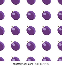 Ilustración sobre el tema de ciruela morada de color grande, patrón de fruta brillante para foca. Patrón de fruta consistente en ciruela de repetición sin costura. Frutos simples de patrón colorido a partir de ciruela sin soldadura.