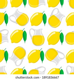 Illustration on theme big colored lemonade in lemon jug for natural drink. Lemonade pattern consisting of collection kitchen accessory, lemon jug to organic food. Tasty fresh lemonade from lemon jug.