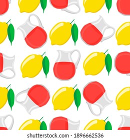 Ilustración sobre el tema de la limonada colorida en la jarra de limón para la bebida natural. Patrón de lamonada consistente en accesorios de cocina de colección, jugo de limón a comida orgánica. Tarta de limonada fresca de la jarra de limón.