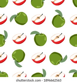 Ilustración sobre el tema manzana sin costura de color grande, patrón de fruta brillante para foca. Patrón de fruta consistente en una hermosa manzana repetida sin costura. Frutos de patrón simple y colorido de manzana de belleza sin costura.