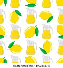 Illustration on theme big colored lemonade in lemon jug for natural drink. Lemonade pattern consisting of collection kitchen accessory, lemon jug to organic food. Tasty fresh lemonade from lemon jug.