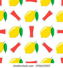 Ilustración sobre el tema de la limonada colorida en limón para la bebida natural. Patrón de lemonade que consiste en accesorios de cocina de colección, taza de limón a comida orgánica. Sabrosa limonada fresca de limón.