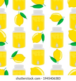 Illustration on theme big colored lemonade in lemon jug for natural drink. Lemonade pattern consisting of collection kitchen accessory, lemon jug to organic food. Tasty fresh lemonade from lemon jug.