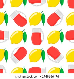Ilustración sobre el tema de la limonada colorida en la jarra de limón para la bebida natural. Patrón de lamonada consistente en accesorios de cocina de colección, jugo de limón a comida orgánica. Tarta de limonada fresca de la jarra de limón.