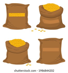 Illustration on theme big colored set different types bags, full sack of coins. Sack pattern consisting of collection heap golden coins on open bags. Coins sack it main accessory for storage in bags.