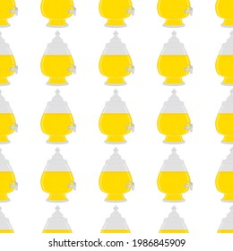 Ilustración sobre el tema de la limonada colorida en jarra de vidrio para la bebida natural. Patrón de lamonada consistente en accesorios de cocina de colección, jarra de vidrio a comida orgánica. Sabrosa limonada fresca de la jarra de vidrio.