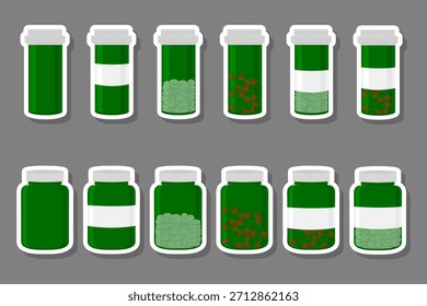 Ilustración sobre el tema de gran conjunto de colores diferentes tipos de píldoras dentro del frasco cerrado. Patrón de píldora que consiste en tarros de colección con tapa cerrada de control de calidad. Tarro plástico abierto para la píldora del laboratorio de la bebida