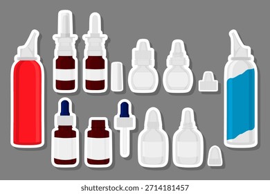 Ilustração sobre tema grande conjunto colorido diferentes tipos de pulverizadores, pipeta para hospital, pulverizador consistindo de coleção acessório de pipetas emborrachadas, símbolo principal do medicamento é pipeta no pulverizador