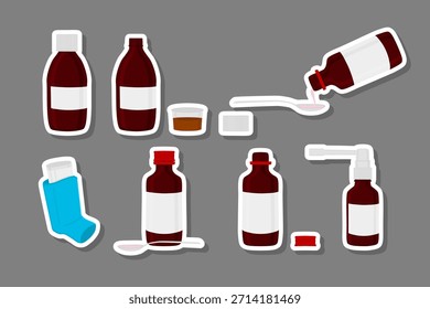 Ilustración sobre el tema conjunto de colores grandes diferentes tipos de pulverizadores en vial, jarabe para hospital, patrón de pulverizador que consta de accesorios de colección sabrosos jarabes, el principal símbolo de la medicina es jarabe en pulverizador