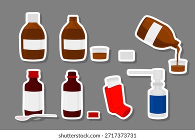 Ilustración sobre el tema conjunto de colores grandes diferentes tipos de pulverizadores en vial, jarabe para hospital, patrón de pulverizador que consta de accesorios de colección sabrosos jarabes, el principal símbolo de la medicina es jarabe en pulverizador