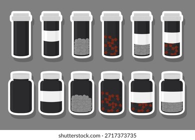 Ilustración sobre el tema conjunto de colores grandes diferentes tipos de píldoras dentro de la jarra cerrada, patrón de píldora que consiste en tarros de colección con control de calidad tapa cerrada, tarro de plástico abierto para la bebida píldora de laboratorio