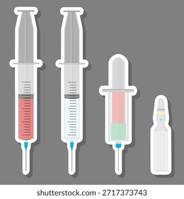 Ilustração sobre tema grande conjunto colorido diferentes tipos de seringas, agulhas para hospital, seringa que consiste em acessório de coleção com agulha de controle de qualidade, agulha em seringa símbolo do medicamento principal