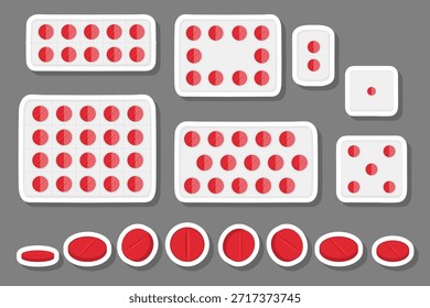 Ilustración en el tema conjunto de colores grandes diferentes tipos de píldoras dentro de la ampolla cerrada, patrón de píldora que consiste en ampollas de colección con control de calidad, ampolla de plástico de la píldora de remedio paracetamol