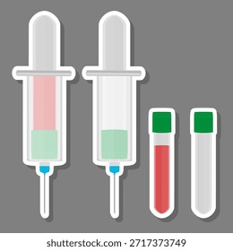 Ilustração sobre tema grande conjunto colorido diferentes tipos de seringas, agulhas para hospital, seringa que consiste em acessório de coleção com agulha de controle de qualidade, agulha em seringa símbolo do medicamento principal