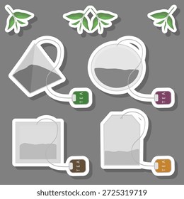 Ilustración en el tema grande coloreado conjunto de diferentes tipos y Formas bolsitas de té para el té sabroso, bolsitas de té que consisten en accesorio de colección en el té, té salado fresco en bolsitas de té hermosas con hilos