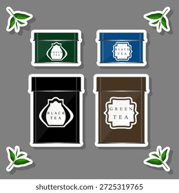 Ilustración en el tema grande coloreado conjunto diferentes tipos de latas de hierro para el té sabroso, latas de hierro que consisten en accesorio de colección en el té, té salado fresco en hermosas latas de hierro con etiquetas