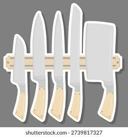 Illustration on theme big colored set different types knife different size for butcher, kit knife pattern consisting of collection accessory to butcher in kitchen, butcher with kitchen knife for meal