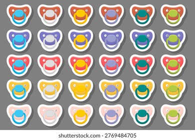 Illustration on theme big colored set baby pacifiers, dummy with rubber nipple, baby pacifiers consisting of collection to newborn, good dummy nipple, dummy nipple in pacifiers it baby care equipment